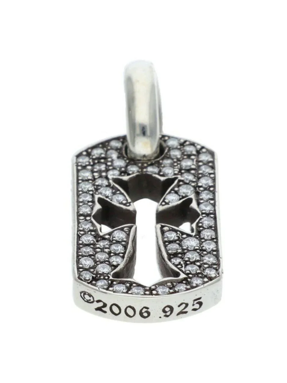 Chrome Hearts DT Tny CO P D Tiny Cutout Cross Dog Tag Pave Diamond Charm Silver